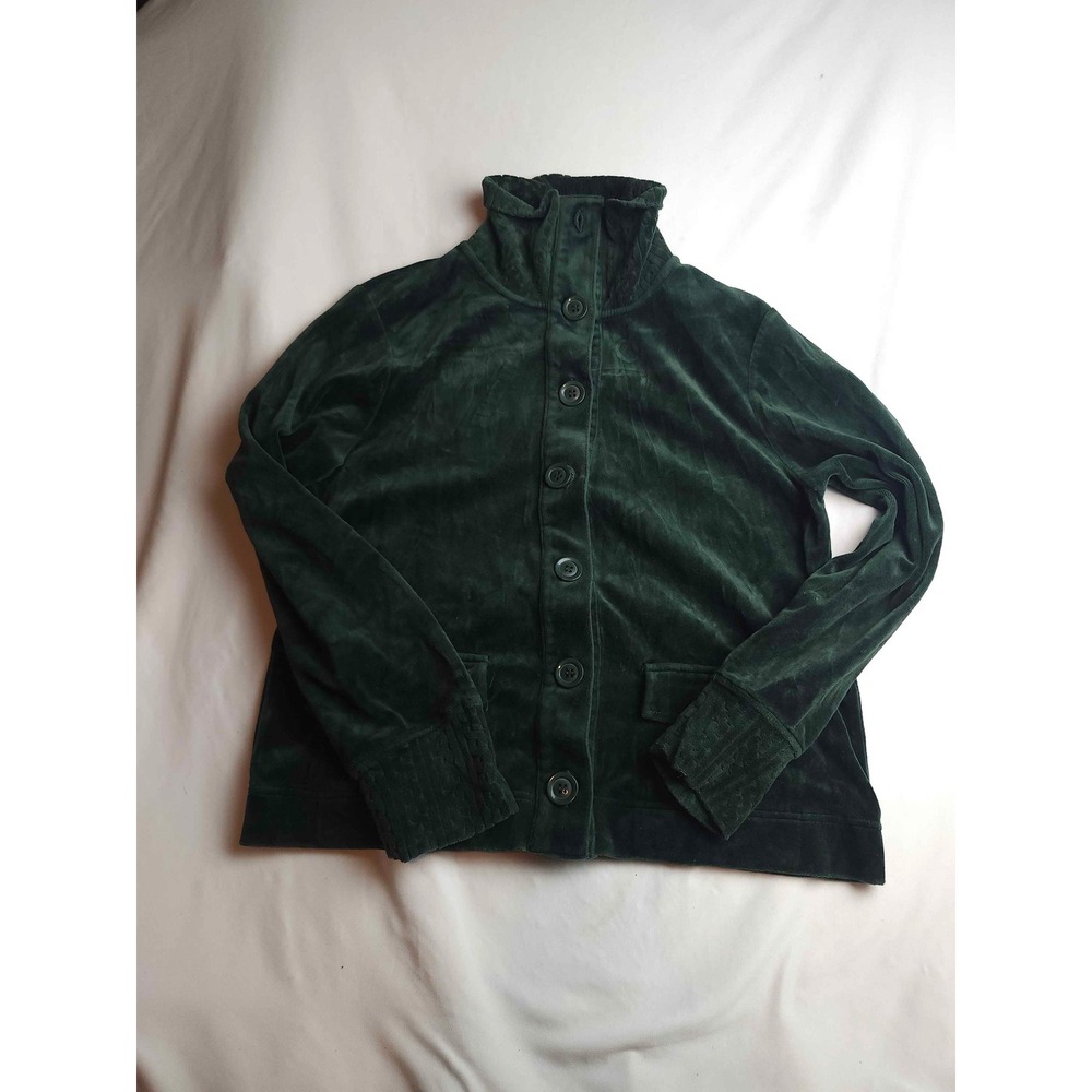 Classic Elements Hunter Green Velour Button Front Jacket Funnel Neck Medium